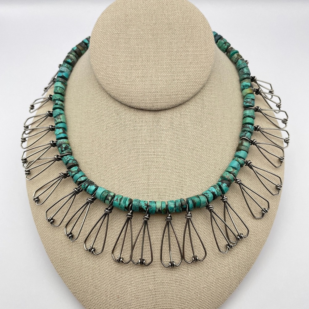 Sterling Silver‎ Bohemian Turquoise Heishi Style Fringe Collar Necklace - Picture 11 of 12